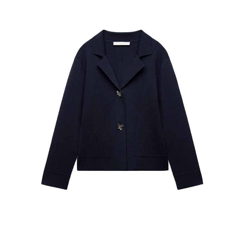 

Весенняя новинка, короткий вязаный костюм темно-синего цвета с пуговицами в форме цветов, декоративными лацканами 2142102 Sea Blue L