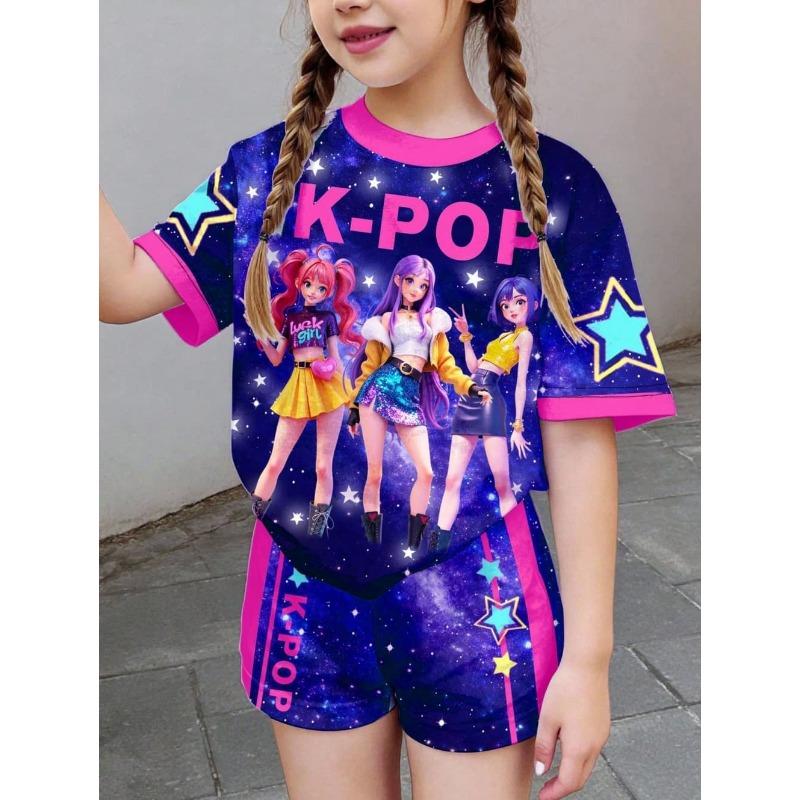 Kpop Cartoon Graphic Girls T-Shirt and Pants Set Girls' Summer Clothing Cute Short Sleeve Set Children's T-Shirt and Shorts Set