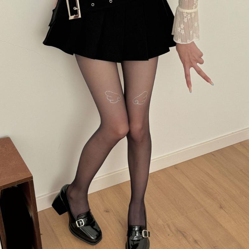 Women's Sweet Ultra-Thin Sheer Pantyhose Stockings Aesthetic Glittering Rhinestones Wing See-Through Tights Leggings