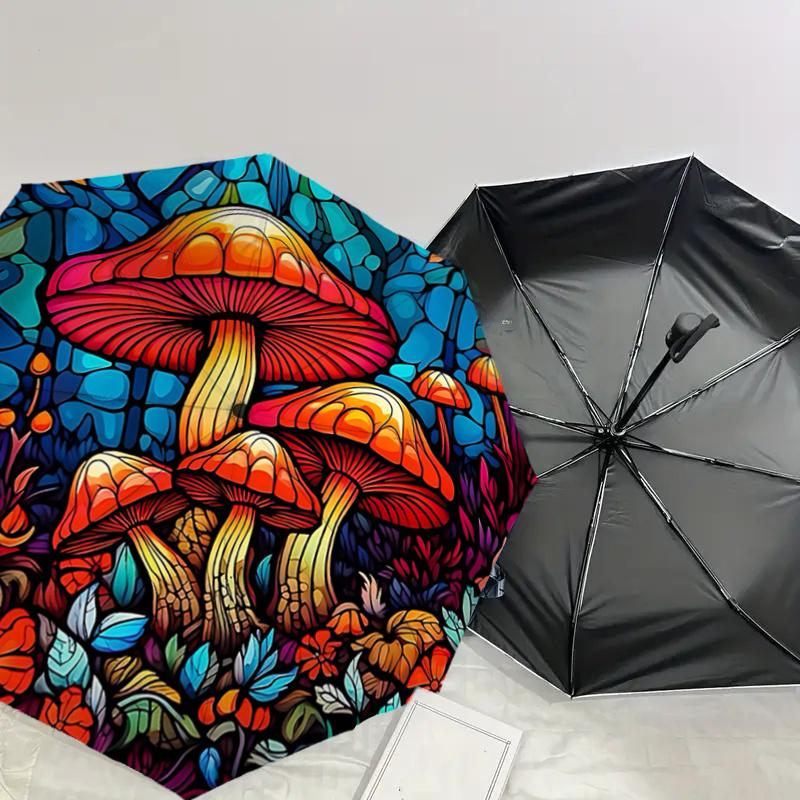 Bunter Pilzgarten Automatischer Aufklapp-Faltregenschirm - Tragbares 3-Fach-Design mit Eisenrahmen, Perfekt für den Außenbereich, Festliche Geschenke,