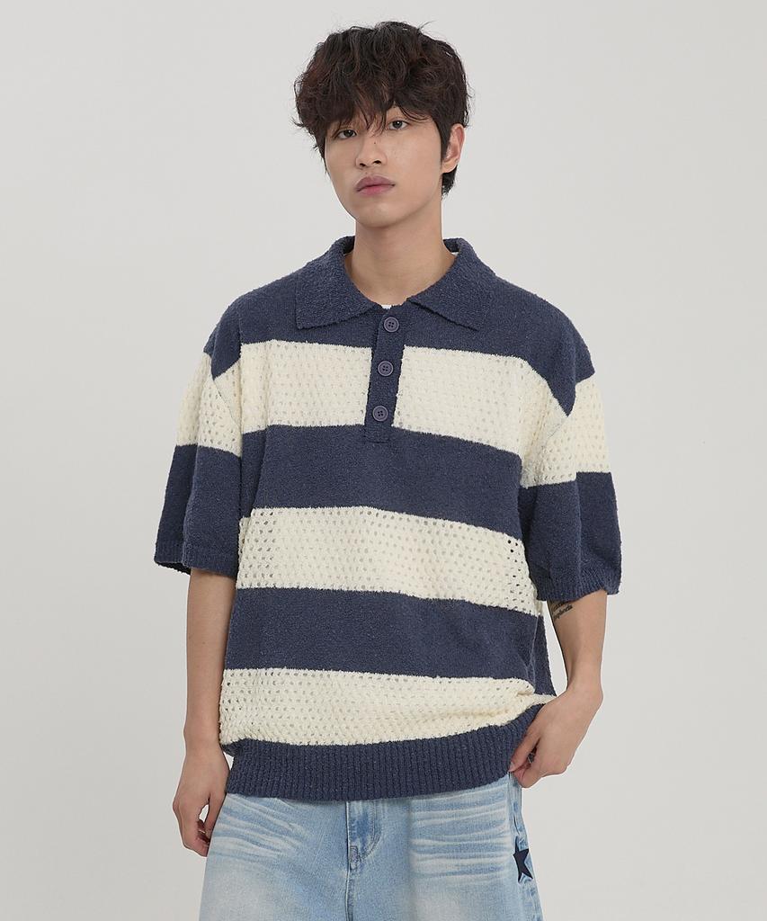 WAIKEI Scalloped Stripe Collared Short Sleeve Knit Navy