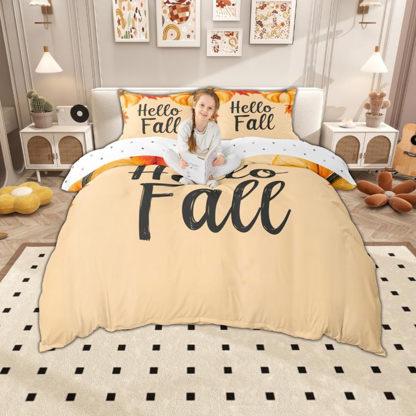 Homewish Watercolor Pumpkin Duvet Cover Set, Hello Fall Bedding Set, Thanksgiving Day Comforter Cover Set