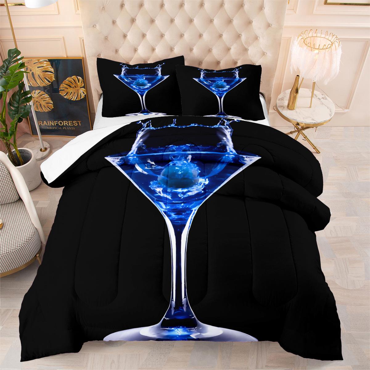 Blue Bar Wine Glass Three-piece Set Digital Print Plush Blanket Cover 140*200cm