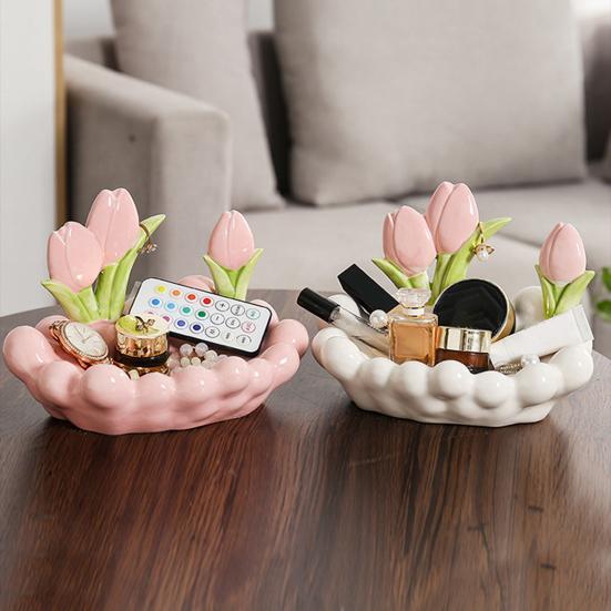 Keramická miska na klíče ve tvaru tulipánu Růžové květy Miska na šperky Dekorativní stolní organizér na šperky Hodinky Vstupní hala Ložnice Komoda