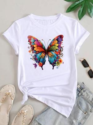 (Tamanho asiático) Roupas Camiseta Casual Estilo Borboleta Fofa Tendência Doce Mulheres Manga Curta Moda Estampa Camiseta Feminina Top Camisetas Gráficas Femininas