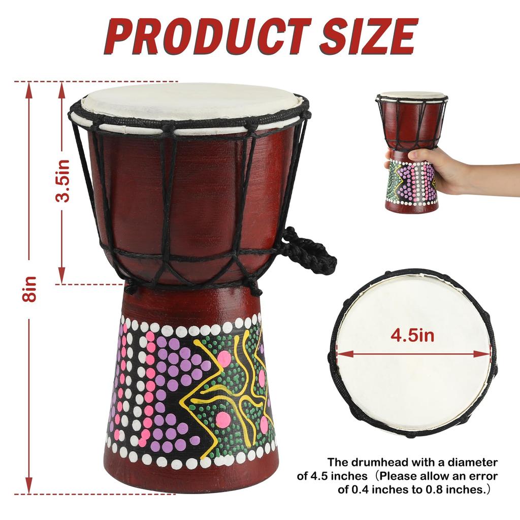 Goghost Tambor Djembe de Madeira 4,5 polegadas x 8 polegadas Mogno Esculpido Tambor Africano Manual Cabeça de Pele de Cabra Estilo África Ocidental Profissional Crianças Iniciantes