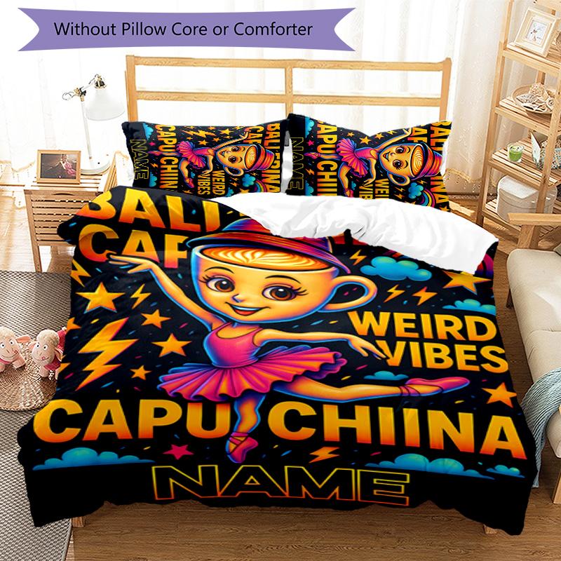 3pcs Custom Name Ballerina Capuchina Bedding Set Duvet Cover Closure Includes 1 Duvet Cover & 2 Pillowcases for All Seasons Bedroom Decor