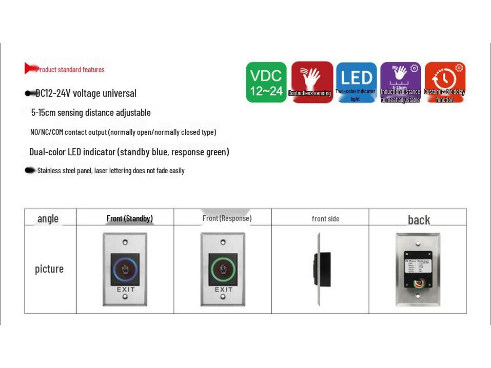 Brushed Stainless Steel Infrared Sensor Exit Switch - Concealed Mount, Contactless Button