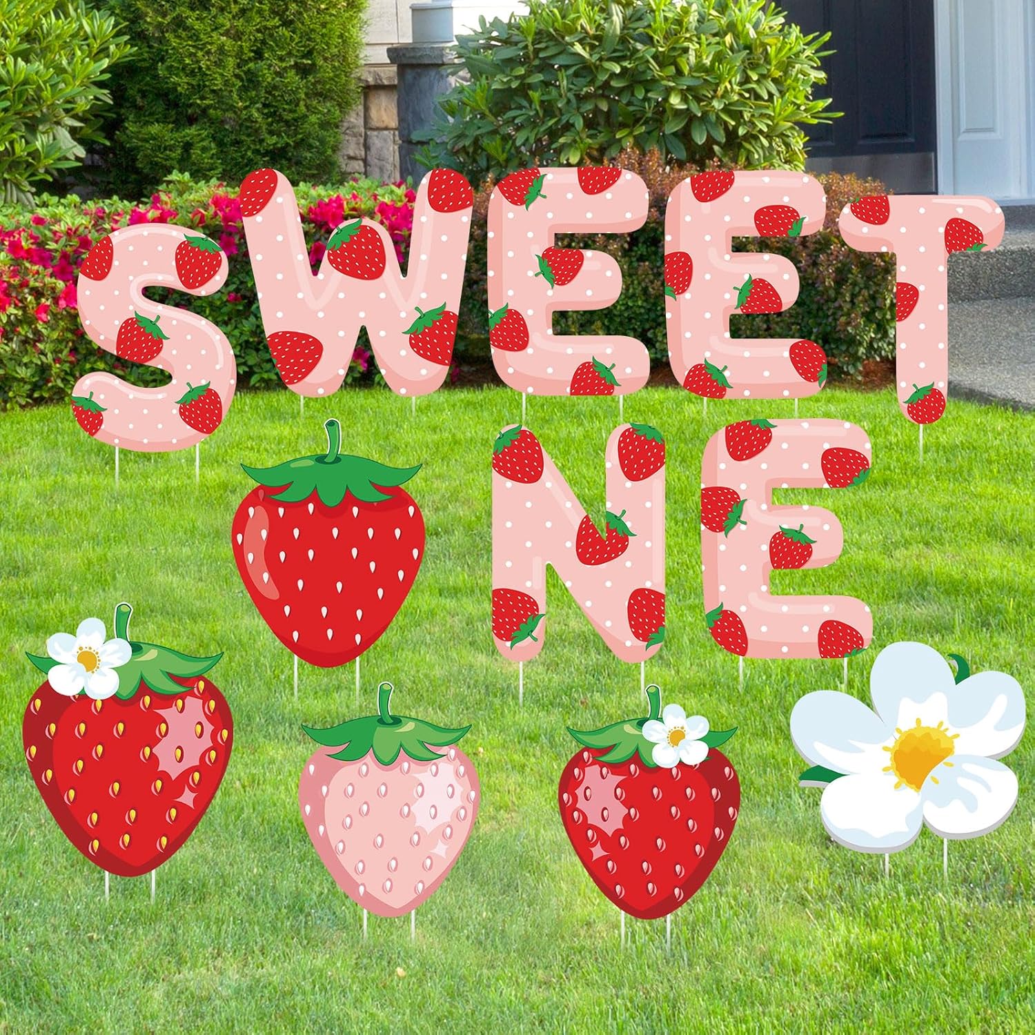 Liliful 12 Pcs Strawberry Birthday Party Decorations Yard Signs with Stakes Sweet One Baby Shower Decor Strawberry Outdoor 1st Birthday Party Lawn