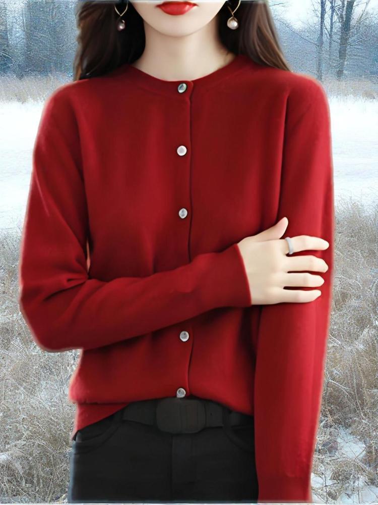 Knitted cardigan, round neck sweater, women's long-sleeved solid color all-match jacket, women's clothing