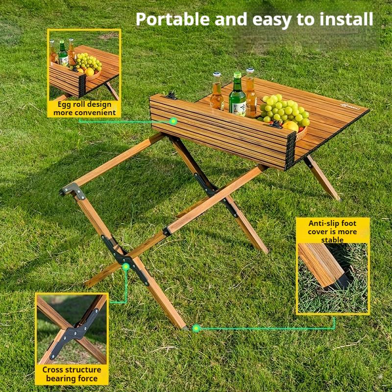 GIANXI Folding Table Camping Strong Bearing 2-6People Wood Grain Design Table Outdoor Portable Barbecue Carbon Steel Table Set