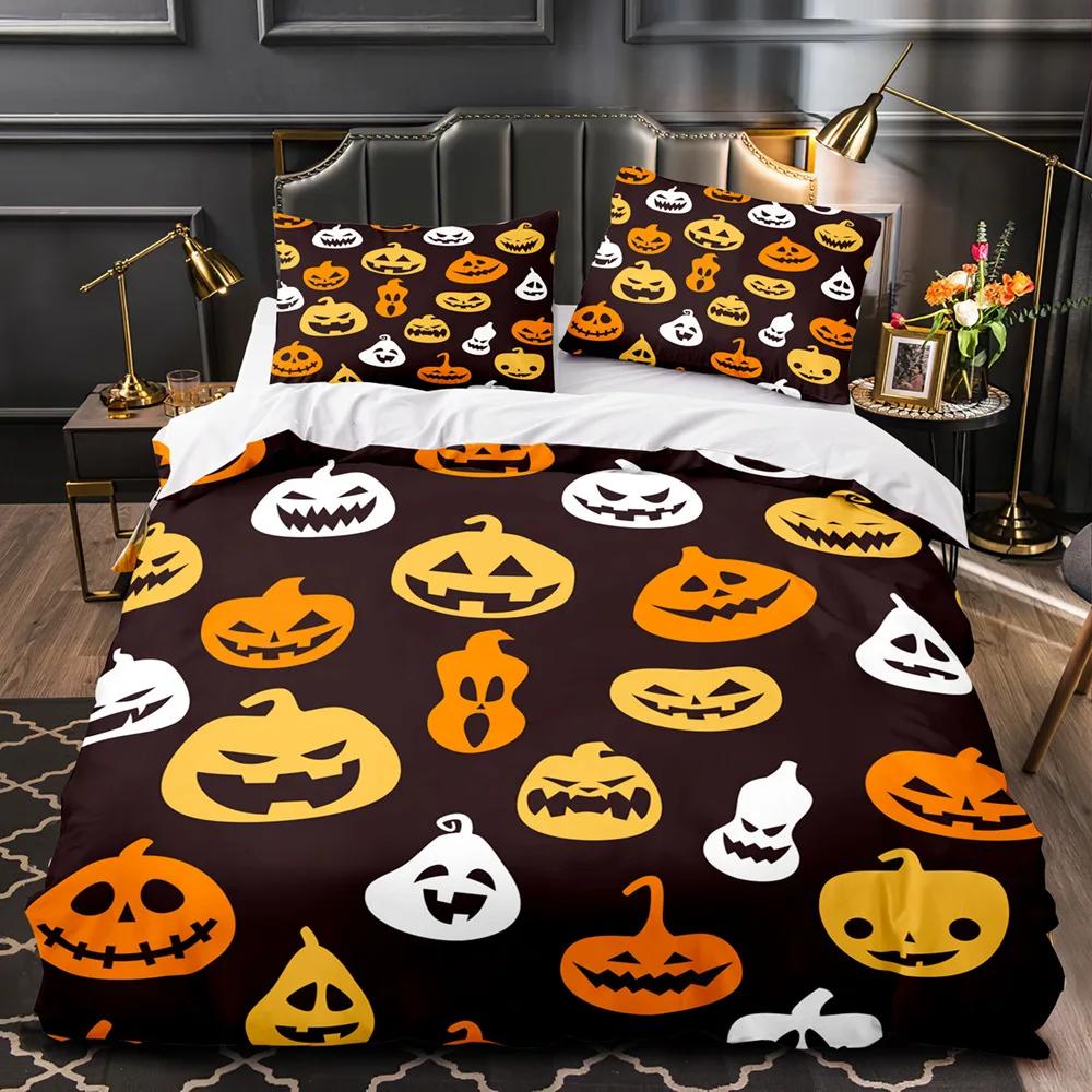 Halloween King Queen Duvet Cover Kawaii Cartoon Skull Bedding Set Kids Boys Orange Pumpkin Skeleton 2/3pcs Polyester Quilt Cover