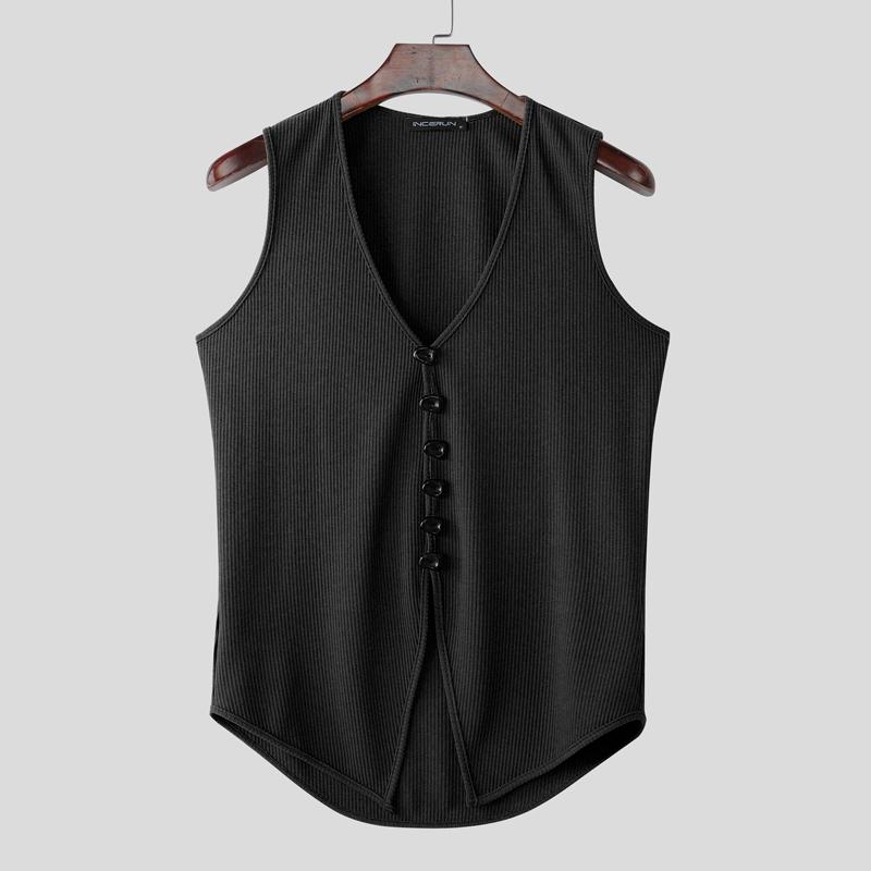 

INCERUN Summer Men Sleeveless Decorative Buttons Irregular Casual Slim Splits Tank Tops 3XL чёрный