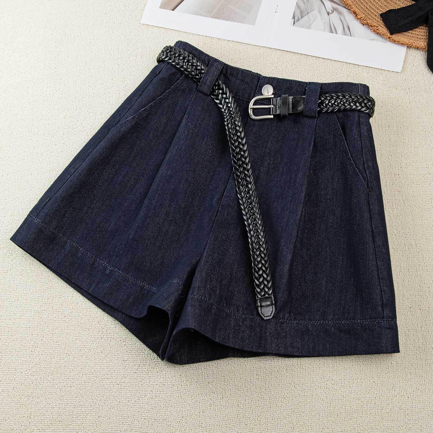 

Women s High Waist Blue Silk Denim Shorts - Summer A-line Loose Wide-Leg Design 26 джинсовый синий