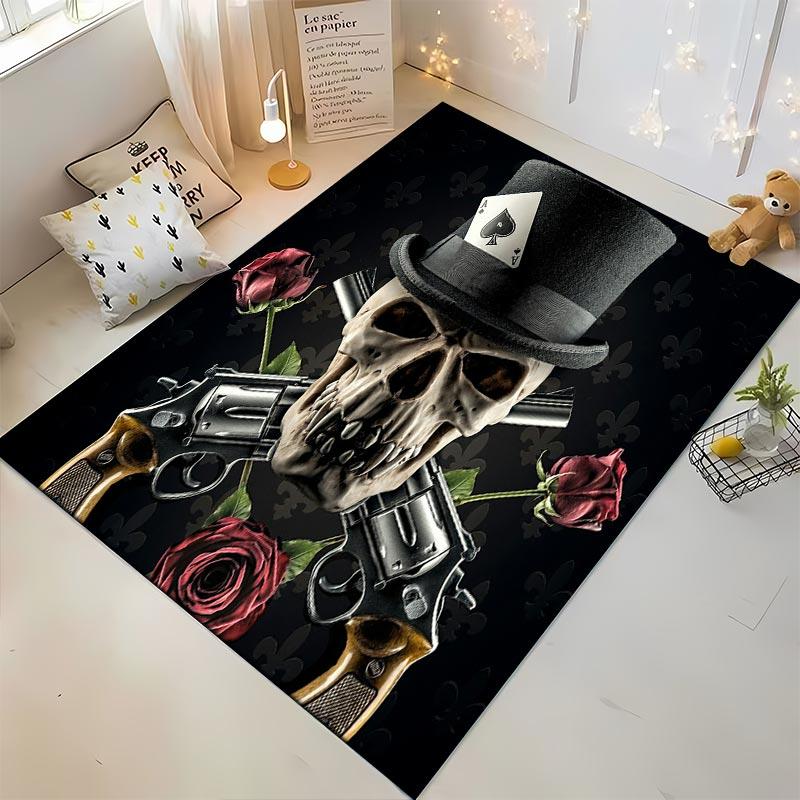 "Skull with Top Hat, Guns, Roses, and Ace of Spades Printed Carpet" Suitable for use as an anti-slip for living room bedroom sofas