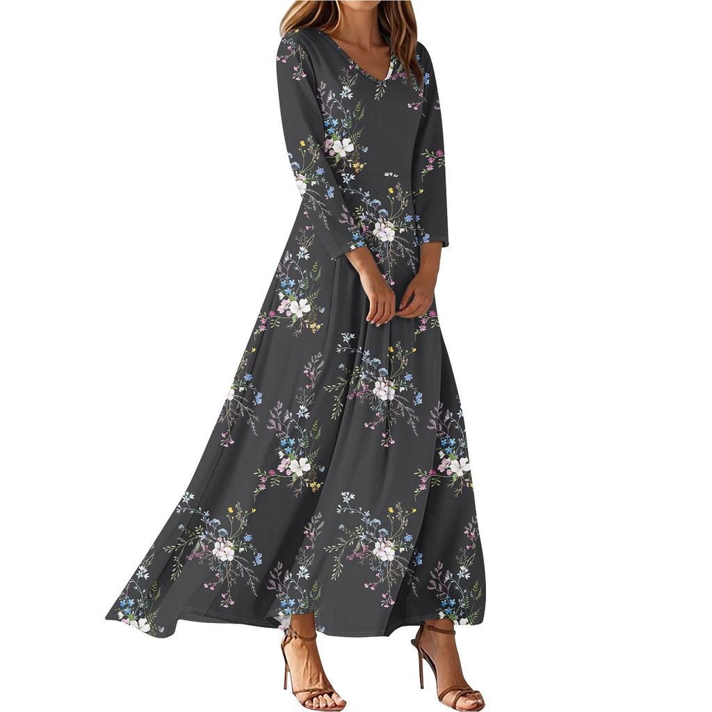 Dresses For Womens Vintage Flower Tunic Waisted Midi Dress Summer Casual  3/4 Sleeve Dress