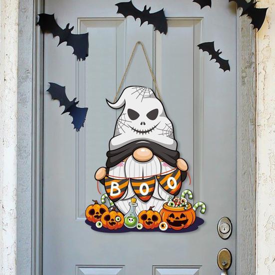 Halloween Gnome Door Sign Wooden Boo Gnome Hanging Sign Rustic Happy Halloween Ghost Sign for Farmhouse Front Door Porch Wall Decoration