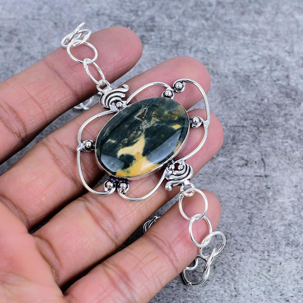 Ocean Jasper Gemstone Handmade 925 Sterling Silver Bracelet 7-8" M-2719