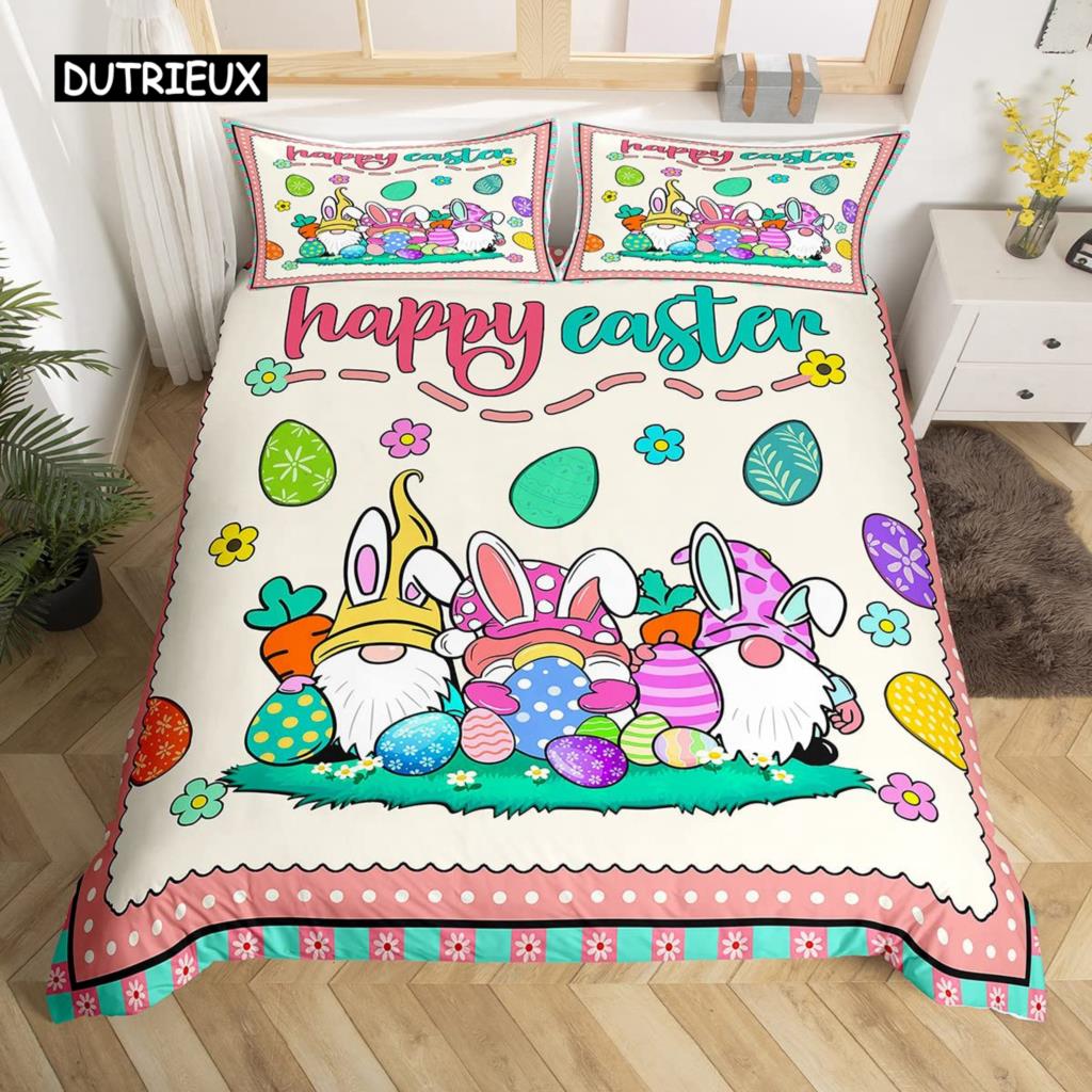 Easter Rabbit Tail Comforter Cover Pastel Pink Tulip Flowers Duvet Cover Twin Easter Eggs Kawaii Animal Bedding Set Easter Decor