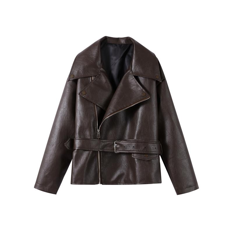 

Куртка женская кожаная свободного кроя на молнии с лацканами и шнуровкой, в мотоциклетном стиле, короткая, модная уличная одежда, осень 2025 M коричневый
