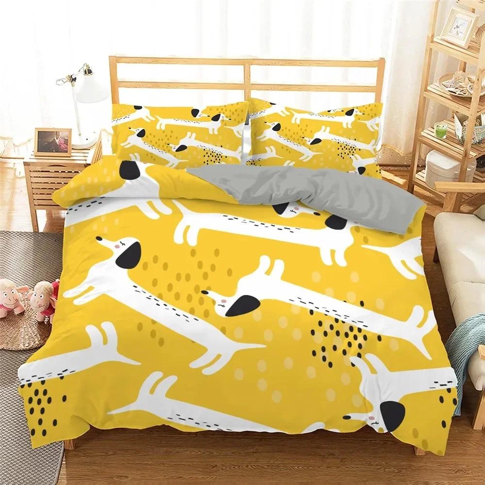 Cute Dachshund Sausage Dog Cartoon Puppy Animal 3D Duvet Cover Bedding Set Comforter Linen Pillowcases  Double Twin King Queen