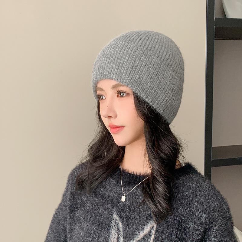 

Rabbit fur knitted hat women s winter versatile velvet warm ear protective wool hat outdoor riding bag head cold hat One Size