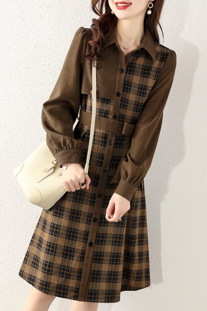 Chubikime Shirt Long Check Midi Ribbon Stylish for and Spring Women's Dress, Sleeve, Pattern, Length, A-Line, Detail, Turn-Down Collar, Elegant,