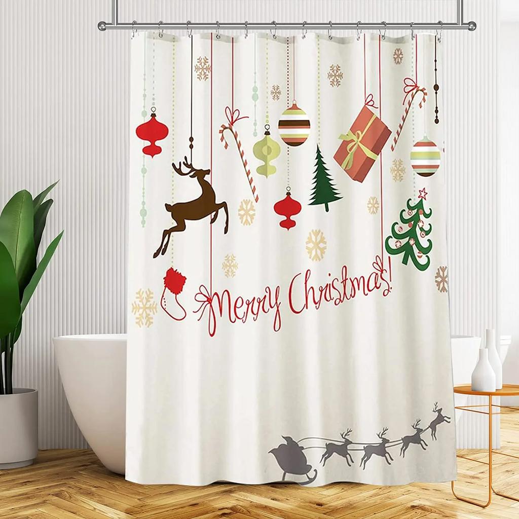 Christmas Shower Curtain Fireplace Gifts&Socks New Year Holiday Bathroom Decor Red Shower Curtains for Christmas Bathroom Sets