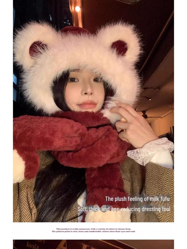 2024 Women's Red Angora Bear Hat with Thick Winter Scarf & Gloves
