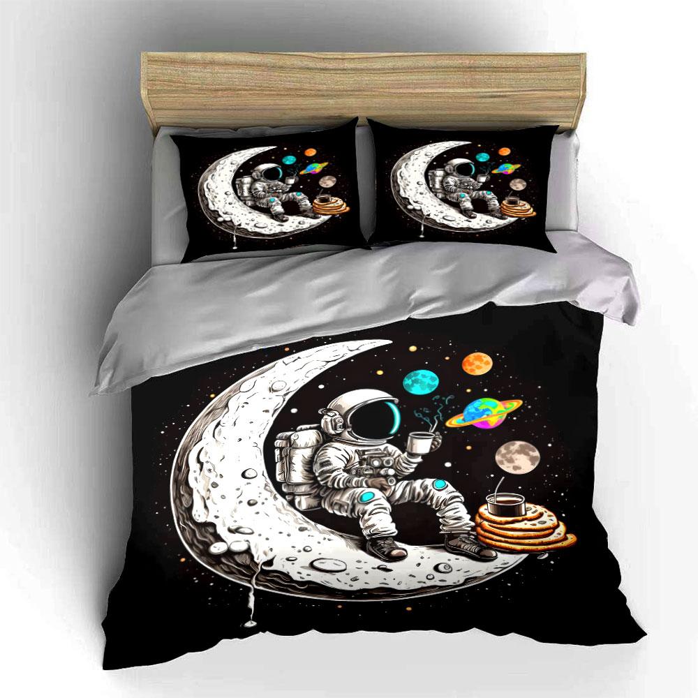 Astronaut, moon, coffee, planets Print Bedding Set 1 Duvet Cover 2 Pillowcases for Adult and Children Luxury Gift Full Size