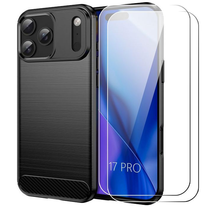 Coque pour iPhone 17 Pro - BOOLING - Silicone Souple Motif Fibre Carbone Noir - 2 Verres Trempés