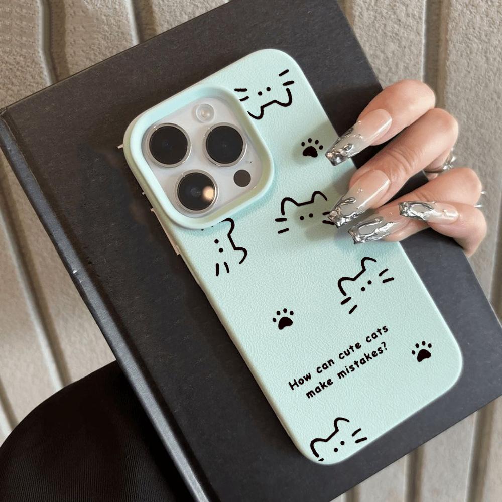 Cute Cartoon Cat Phone Case For iPhone 16 Pro Case iPhone 11 12 13 14 15 Pro Max 16 Plus Soft Litchi Pattern Leather Cover Funda
