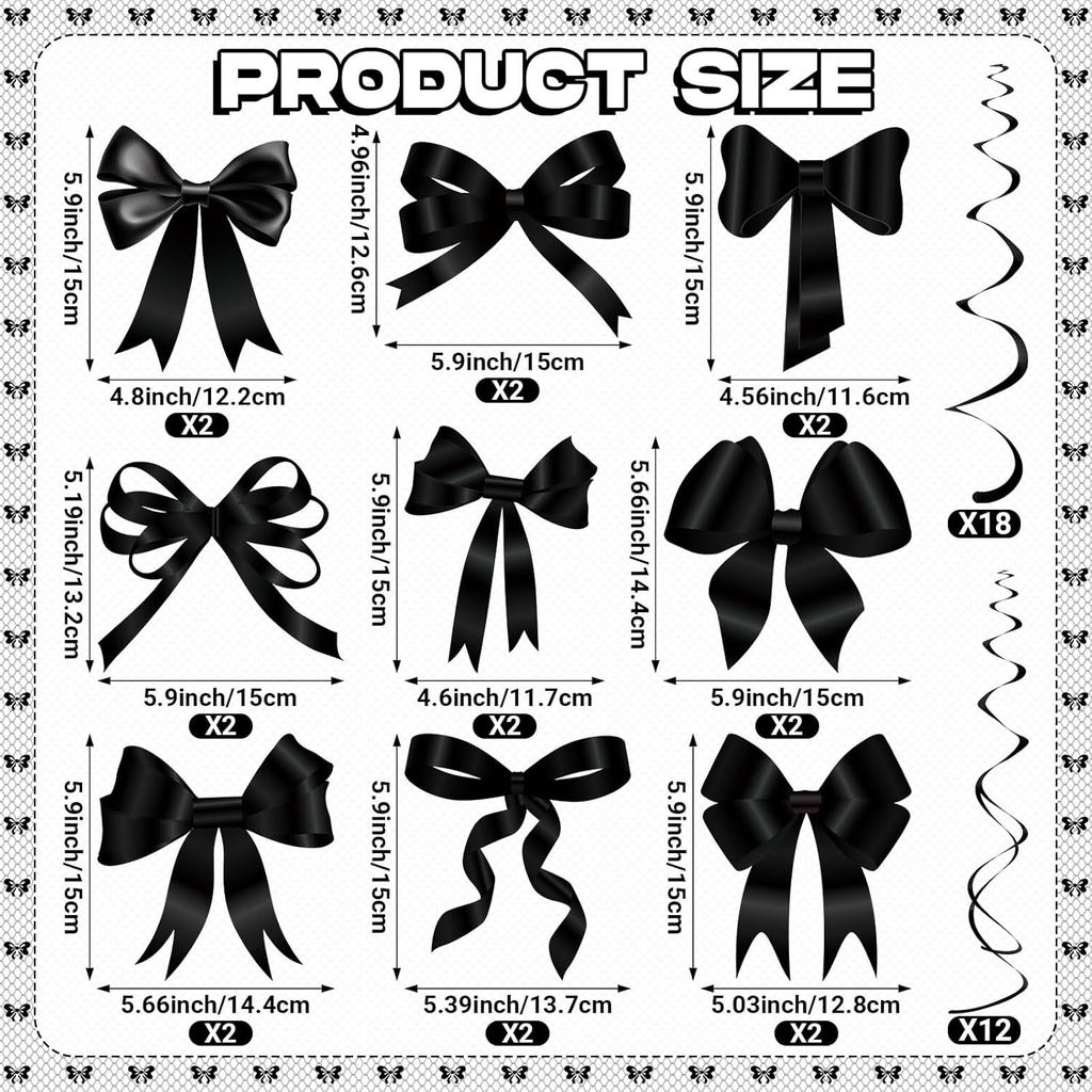 Clabby Black Bow Birthday Decorations Black Coquette Hanging Swirls Garland Banner Bow Party Decorations Ribbon Paper Cutouts for Girls Baby Shower