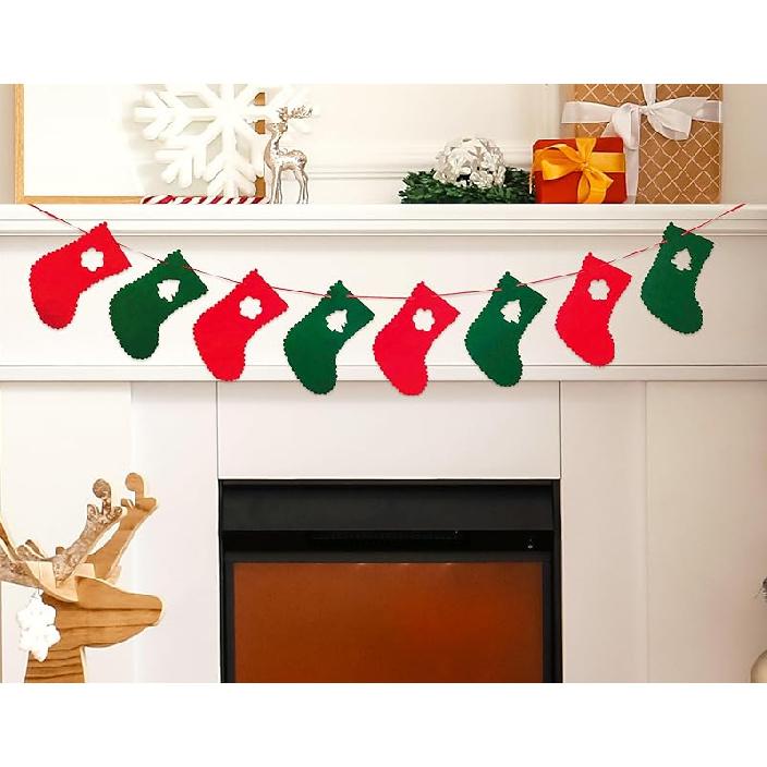 Merry Christmas Banner Red Green Wool Felt Garland Christmas Decorations Indoor Happy Holiday Decorations Cute Hanging Decor for Mantel Fireplace