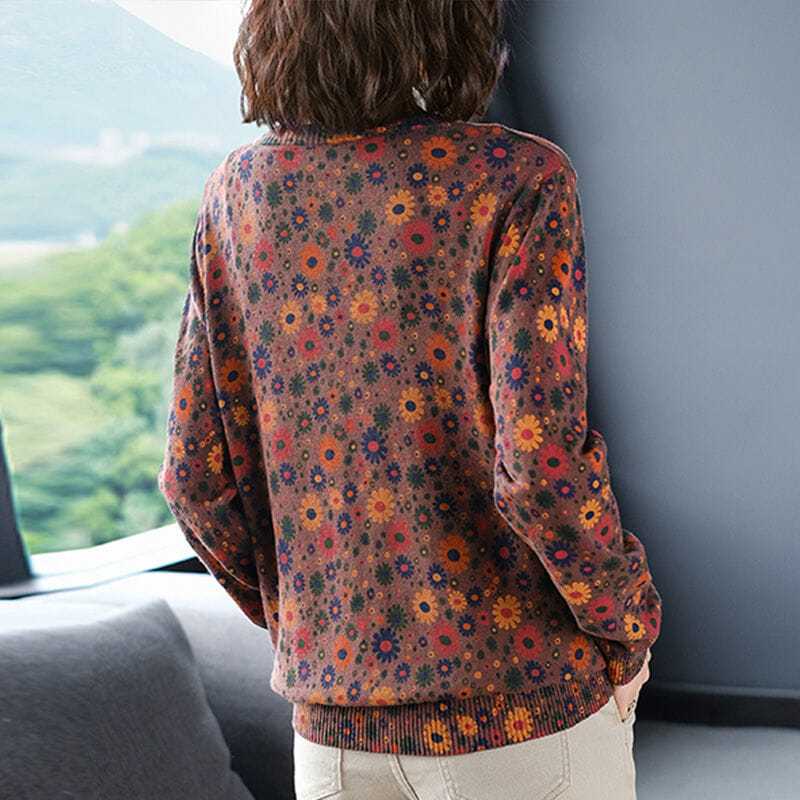 Casual Vintage Floral Printed Jumpers Women's Clothing O-Neck Autumn Winter Stylish Screw Thread Korean Loose Knitted Sweaters
