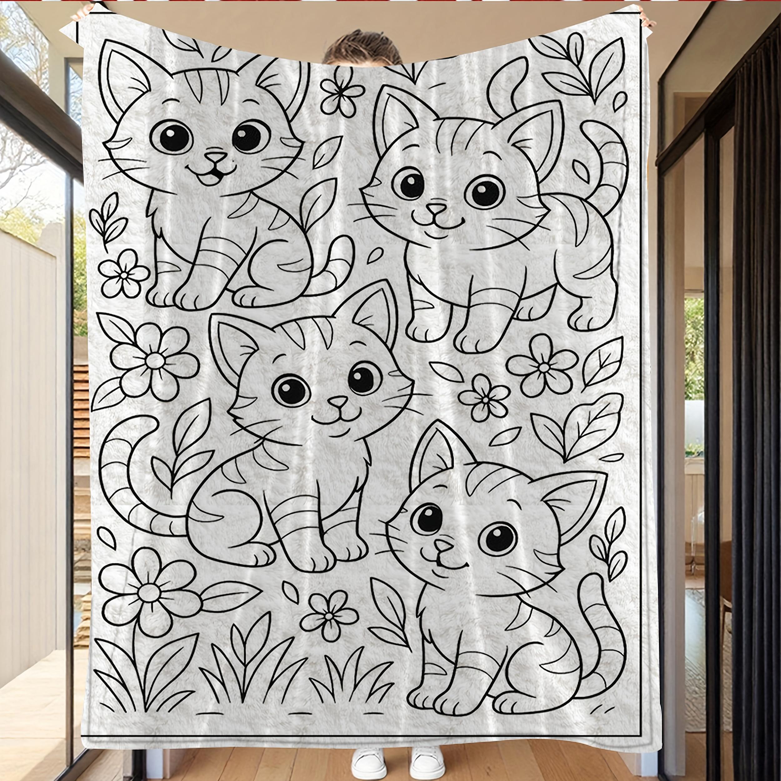 

Personalized Cat Coloring Blanket Name Animal Art Soft Fleece Throw Gift Home Decor Kids Theme 75x100cm