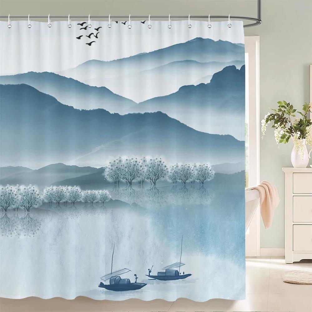 Chinese Ink Painting Landscape Bath Curtain Waterproof Shower Curtains Marble Pattern Bath Screen Printed Curtain for Bathroom