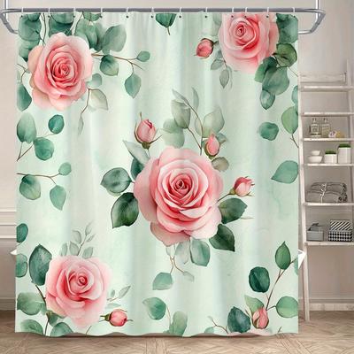 1 Eleganter Blumiger Duschvorhang mit Rosen in Rosa und Design mit Grünen Blättern - Polyestergewebe, Inklusive Haken für Einfache Montage