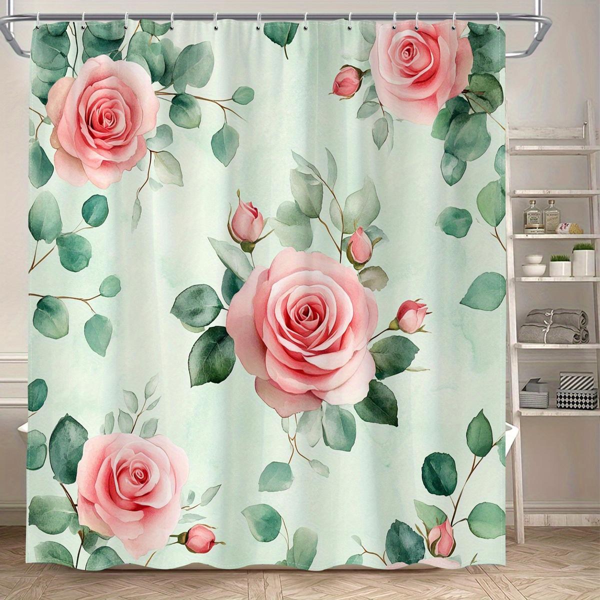 

1 Elegant Floral Shower Curtain With Pink Roses And Green Leaves Design - Polyester Fabric, Includes Hooks For Easy Installation W60H190(CM)-1 Pcs