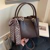 Fashion Vintage Bucket Bag Women PU Leather Top Handle Bag with Checkered Scarf Bow Large Capacity Shoulder Bag for Daily Commute and Outings