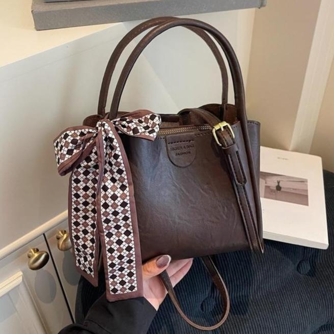 Fashion Vintage Bucket Bag Women PU Leather Top Handle Bag with Checkered Scarf Bow Large Capacity Shoulder Bag for Daily Commute and Outings