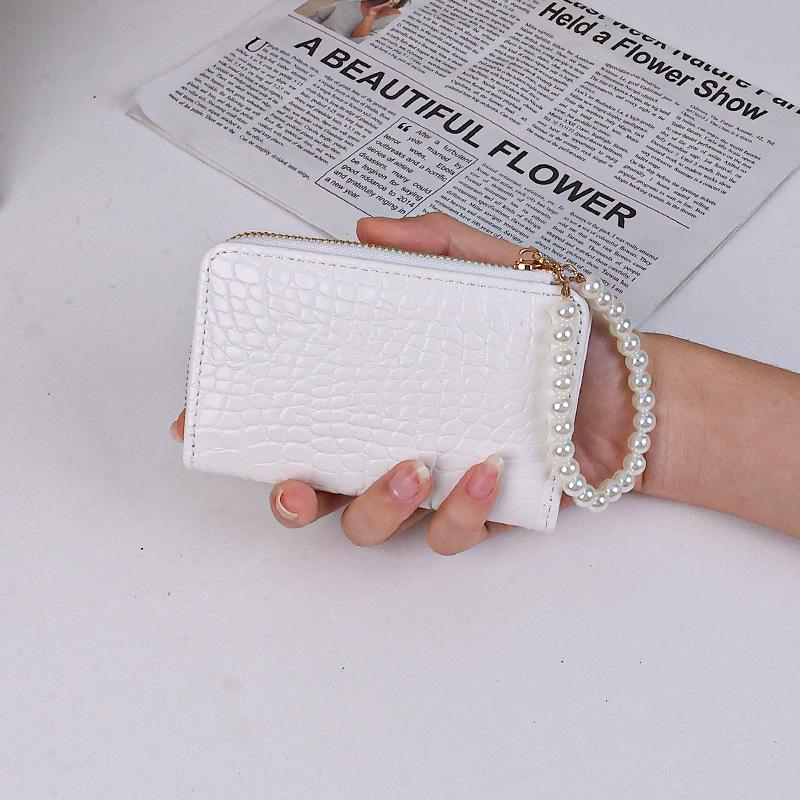 

Women s Korean Style Short Wallet with Pearl Chain, Stone Texture, Card Slots, and Money Clip 12.5X2.5X8 cm белый