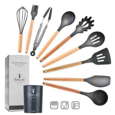 9/11PCS Conjunto de utensílios de cozinha de silicone com cabo de madeira Ferramentas de cozinha para assar Acessórios para utensílios de cozinha Balde de armazenamento