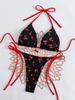 Cherry Print Lace-up Color Block Bikini Thong Set