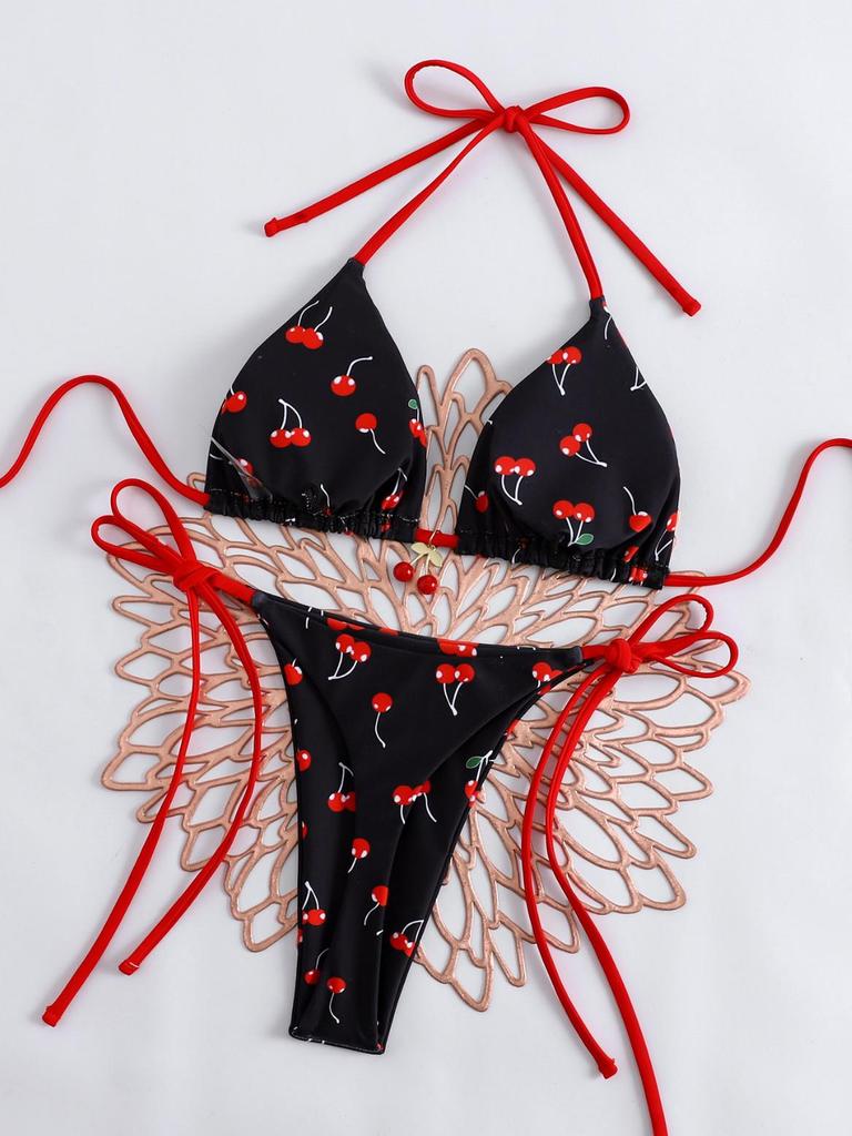 Cherry Print Lace-up Color Block Bikini Thong Set