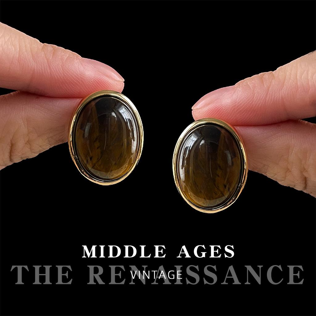 Серьги-пусеты овальные «Тигровый глаз» в стиле легкой роскоши, простые геометрические серьги с натуральным камнем, подчеркивающие темперамент