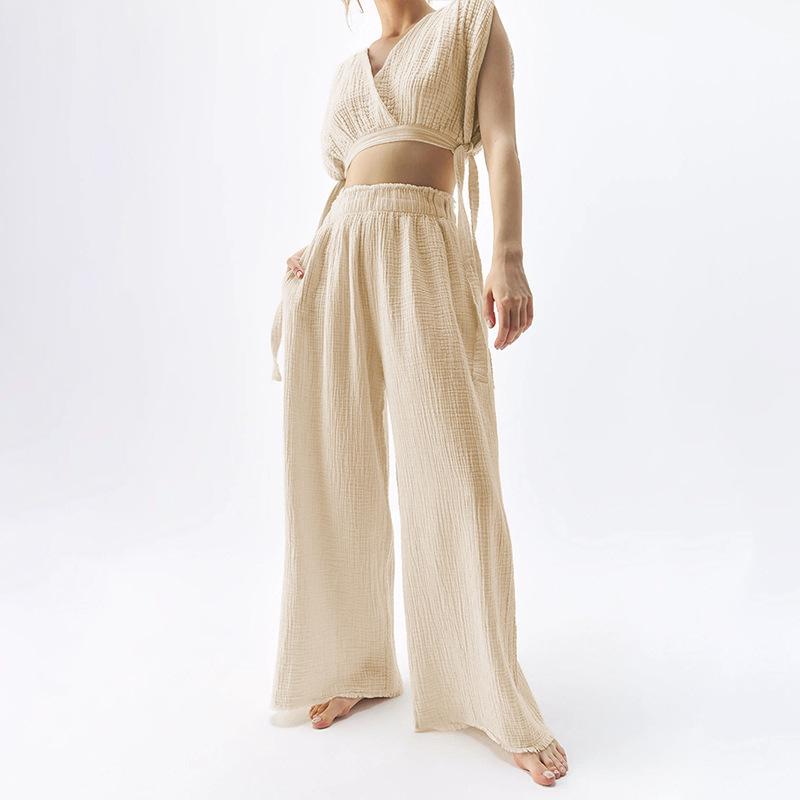 High-Waisted Wide-Leg Cotton Gauze Trousers with Loose Edge Design for Women