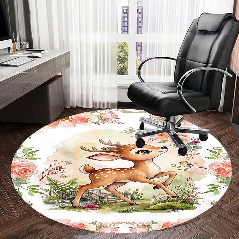 1PC Deer Flowers Non-Slip Floor Round Carpet, Office, Family, Bedroom, Large Area Rug Indoor Rugs, Durable Polyester-L0396