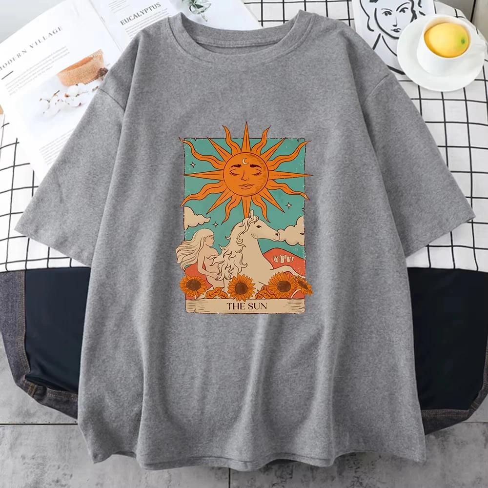 2025 Tarot Card Art The Sun Male Cotton T Shirt High Street Vintage Clothing Breathable Casual O-Neck Short Sleeve Mens Cotton
