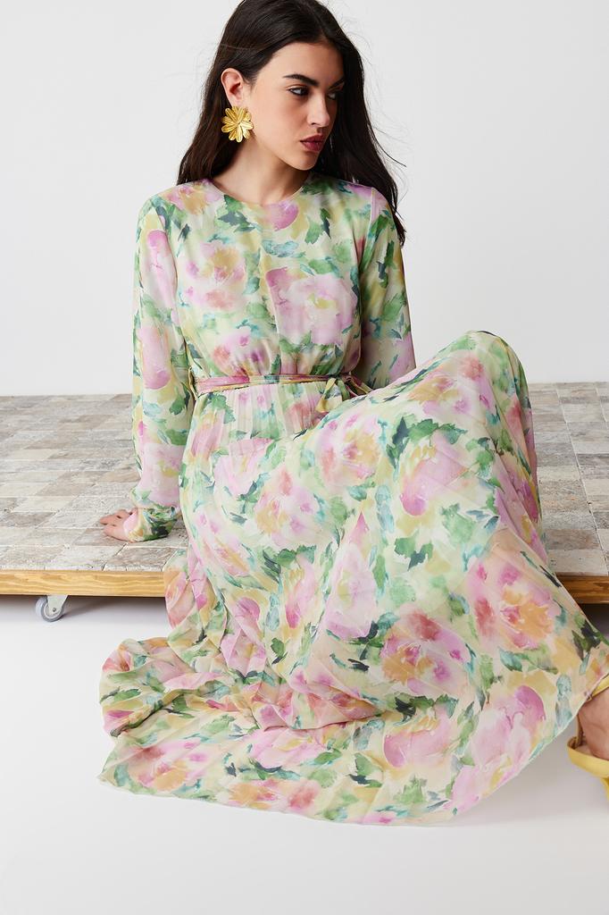 Women's Hijab Dress New Season Fashion Multi-Colored Floral Belt Detailed Lined Pleated Chiffon Woven Dress